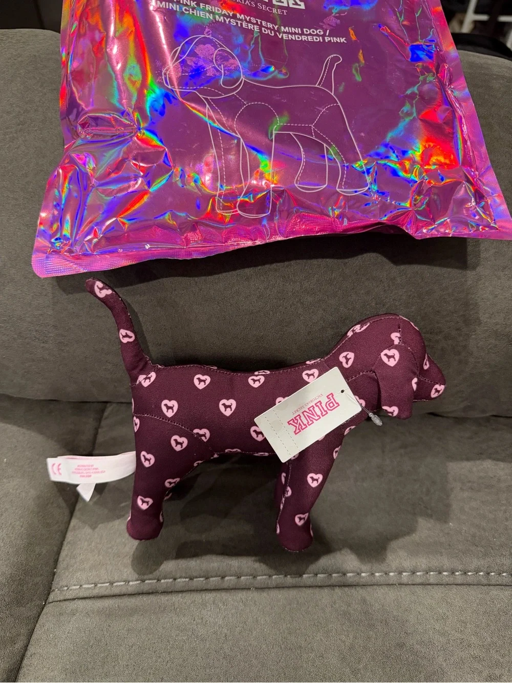 PINK Victoria's Secret Dark Plum Plush Dog with Light Pink Heart Print